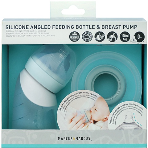 Komplekts Marcus & Marcus Silicone Angled Feeding Bottle & Breast Pump, 120 ml, 0 mēn., 3 gab.