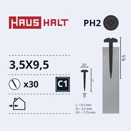 Isekeermestavad kruvid Haushalt DIN 7981C, 3.5x9.5 mm, 30 tk