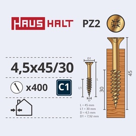 Саморез по дереву Haushalt PZ2, 4.5 x 45 мм, желтый, 400 шт.