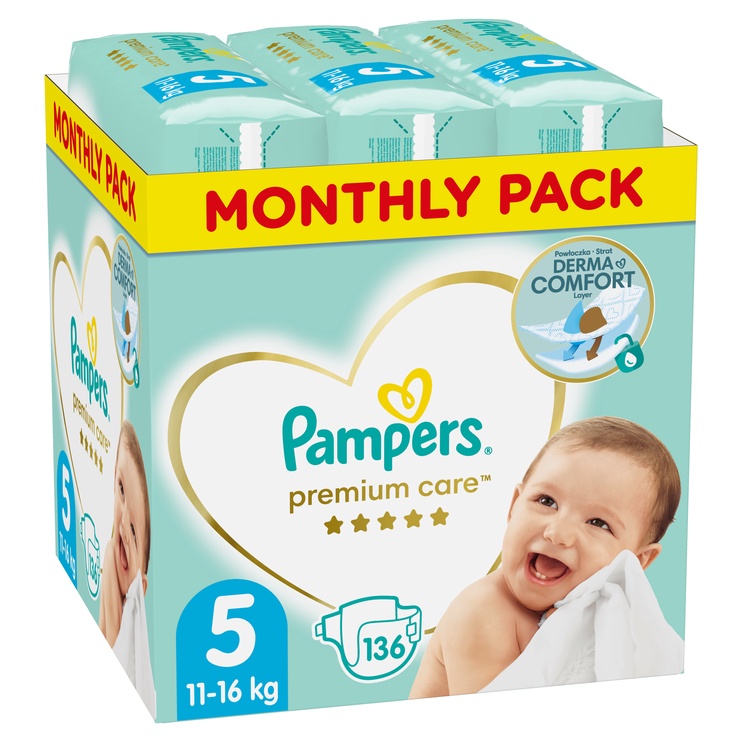 Sauskelnės Pampers Premium Care, 5 dydis, 11 - 16 kg, 136 vnt.