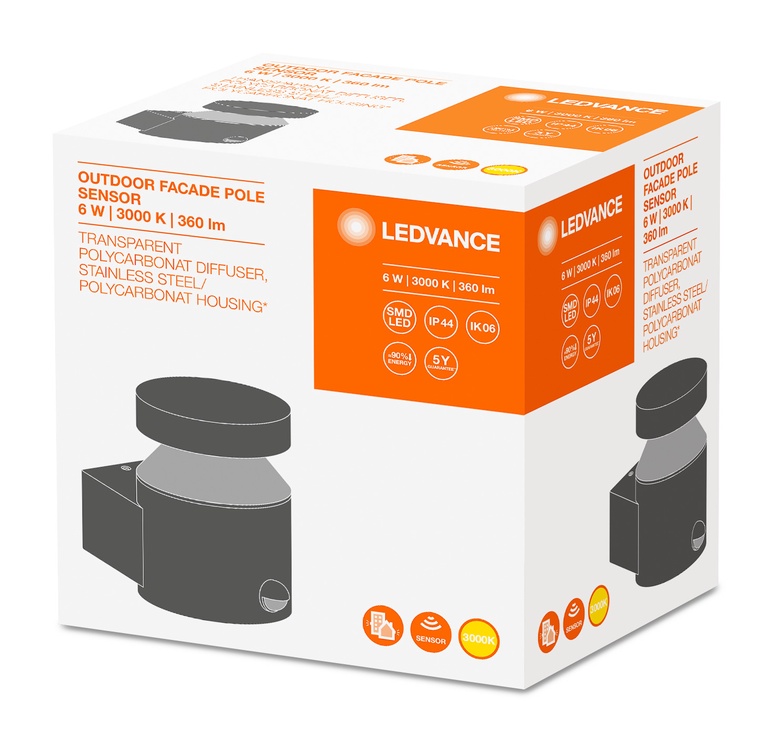 Светильник Ledvance Facade Pole, 6Вт, LED, IP44, серебристый, 10.2 см x 13.5 см