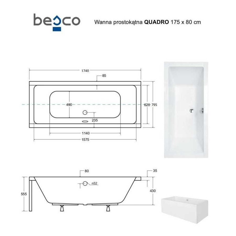 Vann, sisseehitatav Besco Quadro 175, 175 cm x 80 cm x 55.5 cm, ristkülik