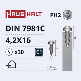 Pašvītņojošā skrūve Haushalt DIN7981C, 4.2 mm x 16 mm, 30 gab.