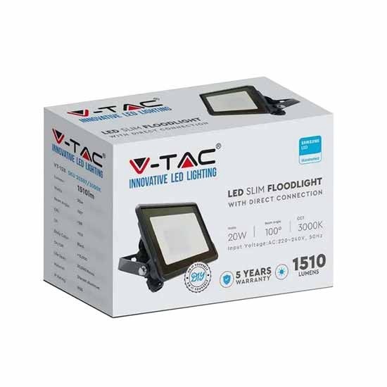 Prožektors V-TAC VT-128, 20 W, 1510 lm, 4000 °K, IP65, balta/melna
