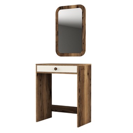 Kosmetinis staliukas Kalune Design Lizbon, riešuto/kreminės spalvos, 84.7 cm x 70 cm x 40 cm, su veidrodžiu