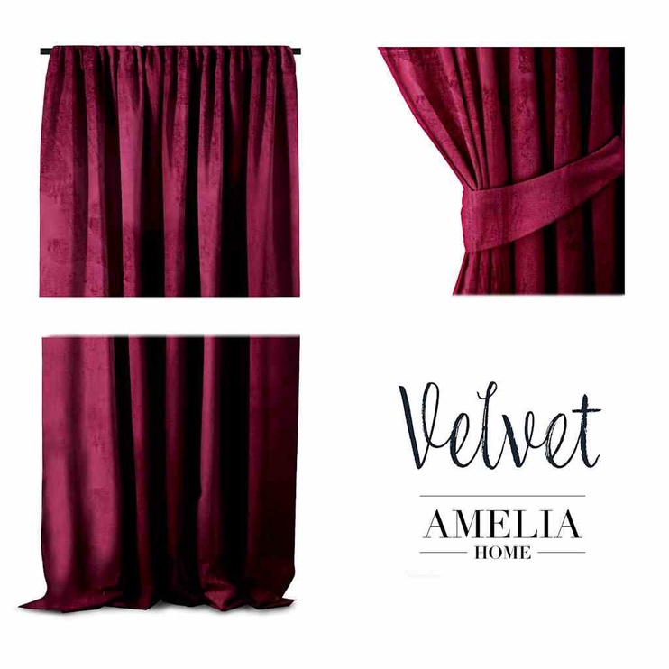 Nakts aizkari AmeliaHome Velvet Pleat, sarkana, 140 cm x 270 cm