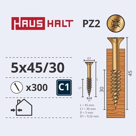 Саморез по дереву Haushalt PZ2, 5 x 45 мм, желтый, 300 шт.