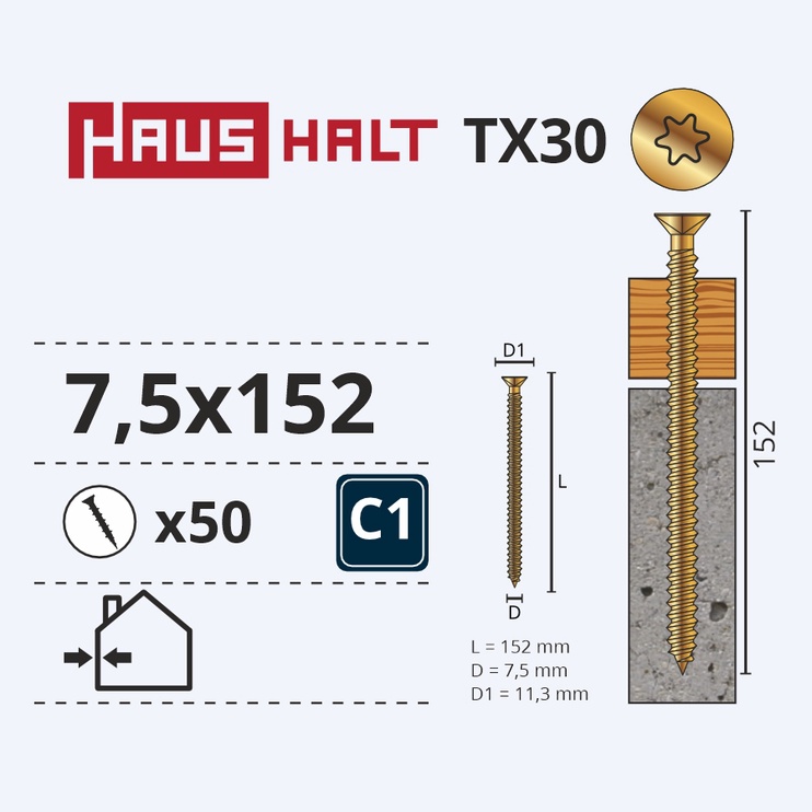 Skrūve rāmjiem Haushalt, 7.5x152 mm, 50 gab.