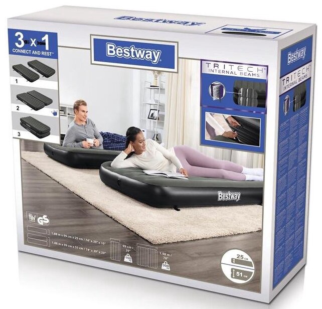 Täispuhutav madrats Bestway 3in1 Tritech Connect & Rest Airbed, must, 188 cm x 99 cm
