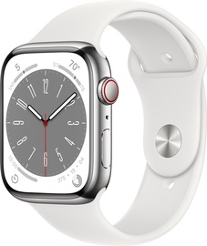 Nutikell Apple Watch Series 8 GPS + Cellular 45mm Silver Aluminium Case with White Sport Band - Regular, hõbe