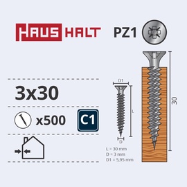 Саморез по дереву Haushalt PZ1, 3 x 30 мм, белый, 500 шт.