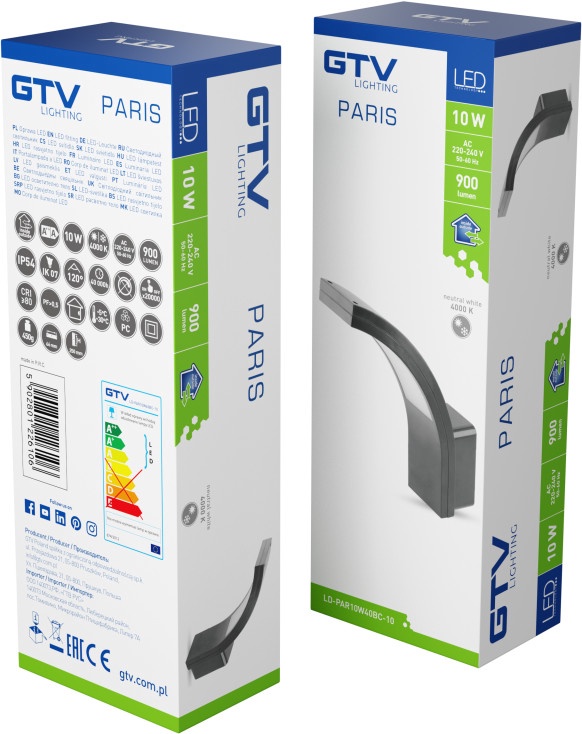 Светильник GTV Paris LD-PAR10W40BC-10, 10Вт, LED, IP54, черный