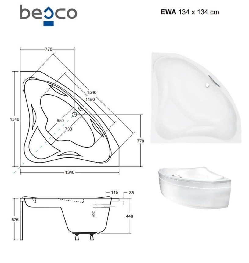 Vann, sisseehitatav Besco Ewa, 134 cm x 134 cm, nurga-