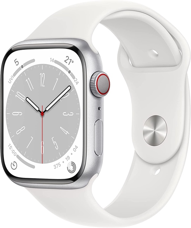 Nutikell Apple Watch Series 8 GPS + Cellular 45mm Silver Aluminium Case with White Sport Band - Regular, hõbe