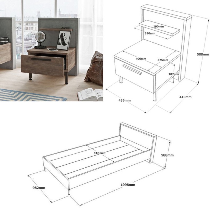 Комплект мебели для спальни Kalune Design Young HM9, комнатные, коричневый/серый