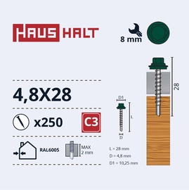 Саморез Haushalt DIN 7504K, 4.8 мм x 28 мм, 250 шт.