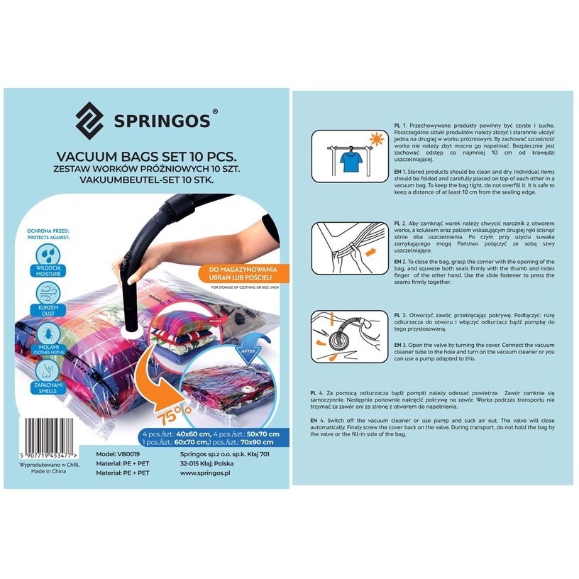 Vakuummaisa komplekts Springos VB0019, 60 cm x 40 cm, politelēns (pe)/plastmasa (pa), 10 gab.