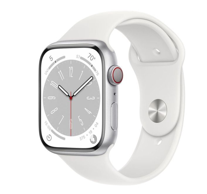 Nutikell Apple Watch Series 8 GPS + Cellular 45mm Silver Aluminium Case with White Sport Band - Regular, hõbe