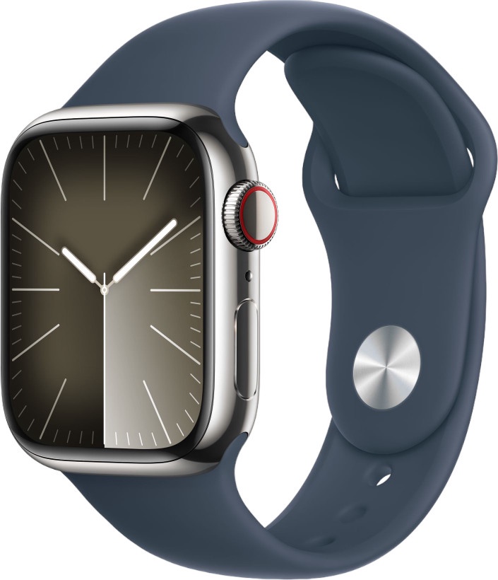 Умные часы Apple Watch Series 9 GPS + Cellular, 41mm Silver Stainless Steel Storm Blue Sport Band S/M, серебристый