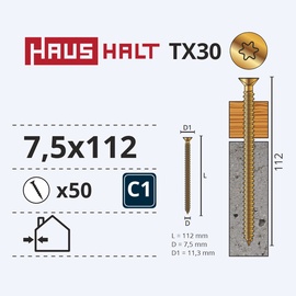 Болт для рам Haushalt, 7.5x112 мм, 50 шт.