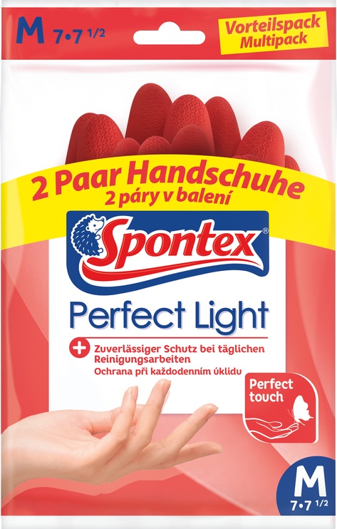 Перчатки резиновые Spontex Perfect Light, латекс, красный, M, 4 шт.