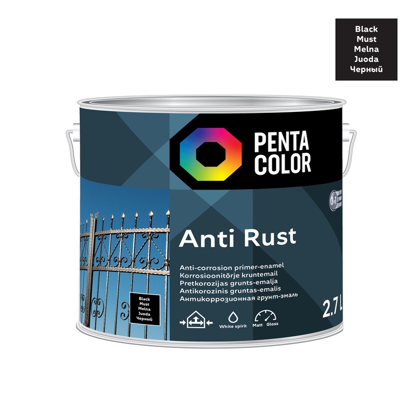 Emailvärv, korrosioonivastane metallkonstruktsioonidele Pentacolor Anti Rust, poolläikiv, 2.7 l, must