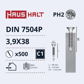 Pašvītņojošā skrūve Haushalt DIN 7504P, 3.9 mm x 38 mm, 500 gab.