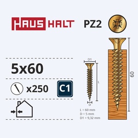 Саморез по дереву Haushalt PZ2, 5 x 60 мм, желтый, 250 шт.