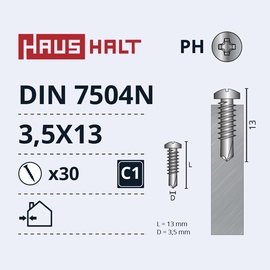 Саморез Haushalt DIN 7504N, 3.5 мм x 13 мм, 30 шт.