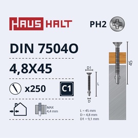 Pašvītņojošā skrūve Haushalt DIN 7504O, 4.8 mm x 45 mm, 250 gab.