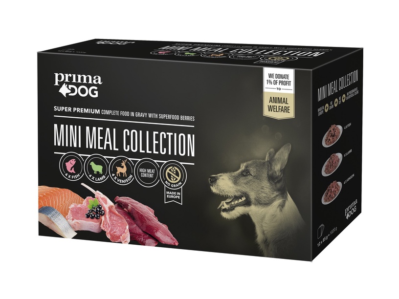 Mitrā barība (konservi) suņiem Primadog, jēra gaļa/zivs/brieža gaļa, 0.085 kg, 12 gab.