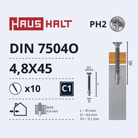 Pašvītņojošā skrūve Haushalt DIN 7504O, 4.8 mm x 45 mm, 10 gab.