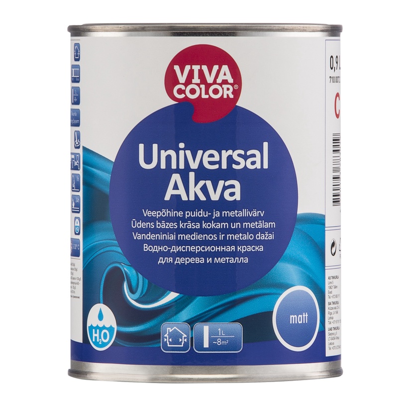 Emailvärv, fassaadile/universaalsed/akendele Vivacolor Universal Akva Matt, matt, 0.9 l, valge
