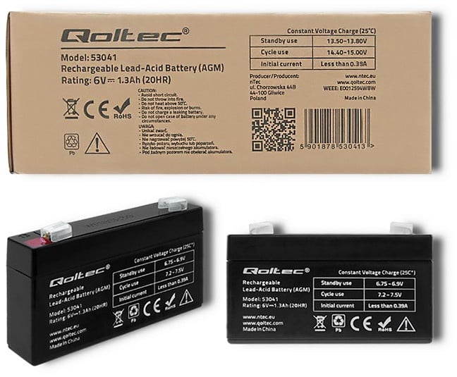 UPS akumulators Qoltec AGM 6V 1.3 Ah, 1.3 Ah