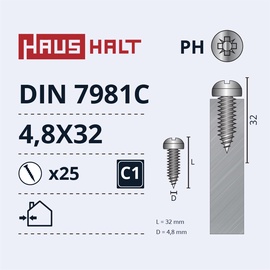 Isekeermestavad kruvid Haushalt DIN7981C, 4.8 mm x 32 mm, 25 tk