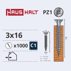 Саморез по дереву Haushalt PZ1, 3 x 16 мм, белый, 1000 шт.
