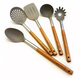 Набор инструментов для приготовления пищи King Hoff 93571, 33 см, коричневый/серебристый/серый, нержавеющая сталь/дерево/нейлон, 5 шт.