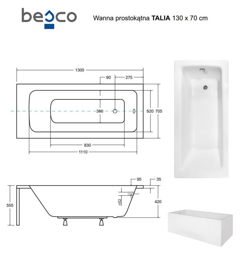 Vann, teisaldatav Besco Talia, 130 cm x 70 cm x 42 cm, ristkülik