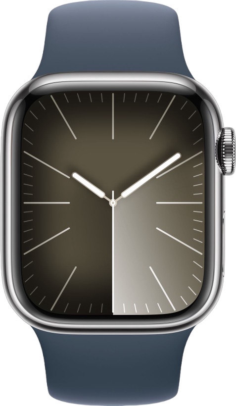 Умные часы Apple Watch Series 9 GPS + Cellular, 41mm Silver Stainless Steel Storm Blue Sport Band S/M, серебристый