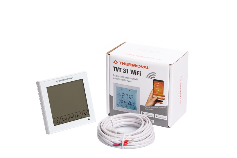 Программируемый термостат отопления Thermoval TVT 31 WiFi, встраивается в стену, белый, 8.6 см, 5 - 99 °С