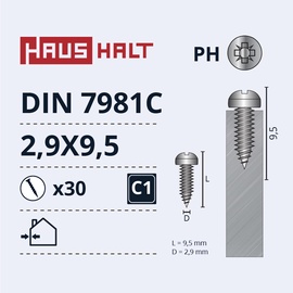 Pašvītņojošā skrūve Haushalt DIN7981C, 2.9 mm x 9.5 mm, 30 gab.