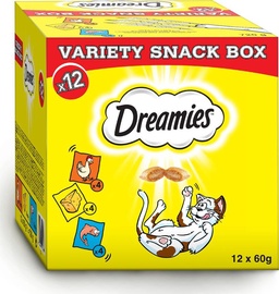 Kārumi kaķiem Dreamies Variety Snack Box, vistas gaļa/siers/lasis, 0.720 kg, 12 gab.