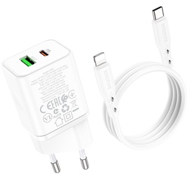 Telefona lādētājs Borofone BN7 Type-C 20W/USB-A 18W PD20W+QC3.0 + Lightning, Lightning/USB, balta, 20 W