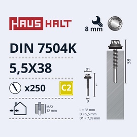 Pašvītņojošā skrūve Haushalt DIN 7504K, 5.5 mm x 38 mm, 250 gab.