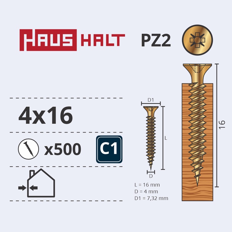 Саморез по дереву Haushalt PZ2, 4 x 16 мм, желтый, 500 шт.