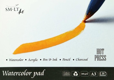 Joonistuspaber Smiltainis Watercolor Pad, A3, 260 g/m², valge, 29.7 cm x 42 cm