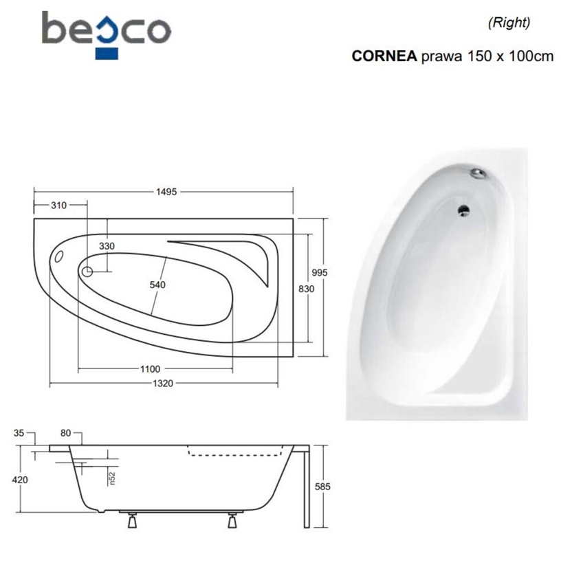 Vann, nurgaga Besco Cornea Comfort, 150 cm x 100 cm x 58.5 cm, parempoolne