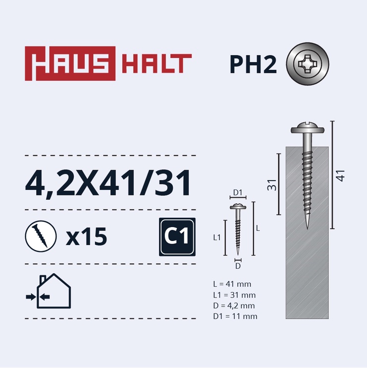 Pašvītņojošā skrūve Haushalt DIN 14566, 4.2 mm x 41 mm/31 mm, 15 gab.