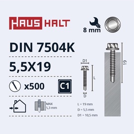 Isekeermestavad kruvid Haushalt DIN 7504K, 5.5 mm x 19 mm, 500 tk