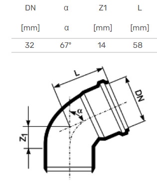 Elkonis iekštelpu kanalizācijai Magnaplast HTplus, 32 mm, 67 °